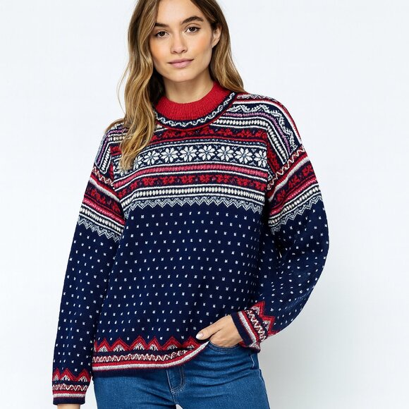 VTG Lands' End Crew Neck Fair Isle Nordic 100% Wool Snowflake Sweater Size 6-8 - Picture 1 of 11